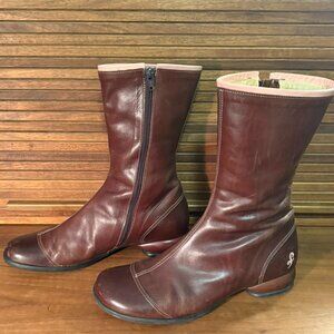 John Fluevog Fellowship Ingrid Boots Brown & Pink Leather Size 8.5 Mid Calf 10"